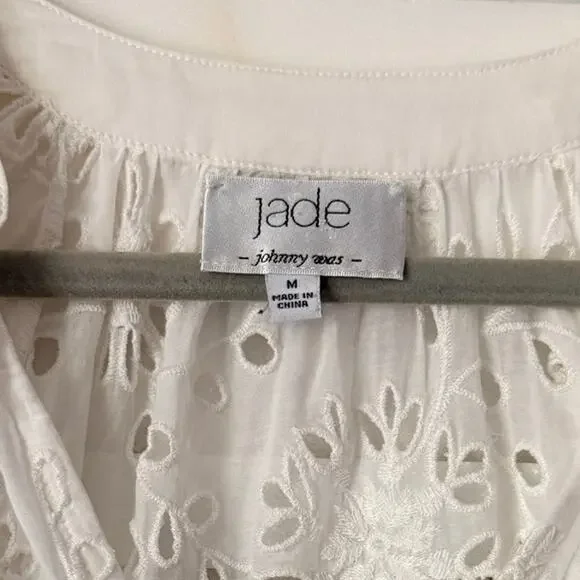JOHNNY WAS Jade Castillo Silk Cotton Eyelet Tassels Peasant Blouse Top White M - Picture 4 of 6